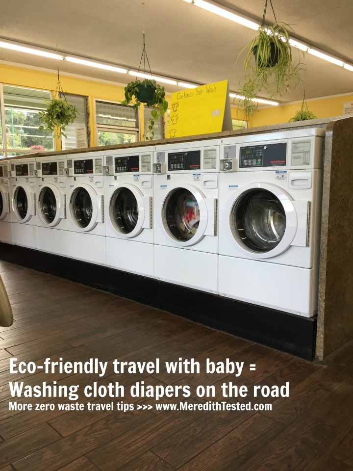 Washing cloth baby diapers at a laundromat - Zero waste travel with kids 